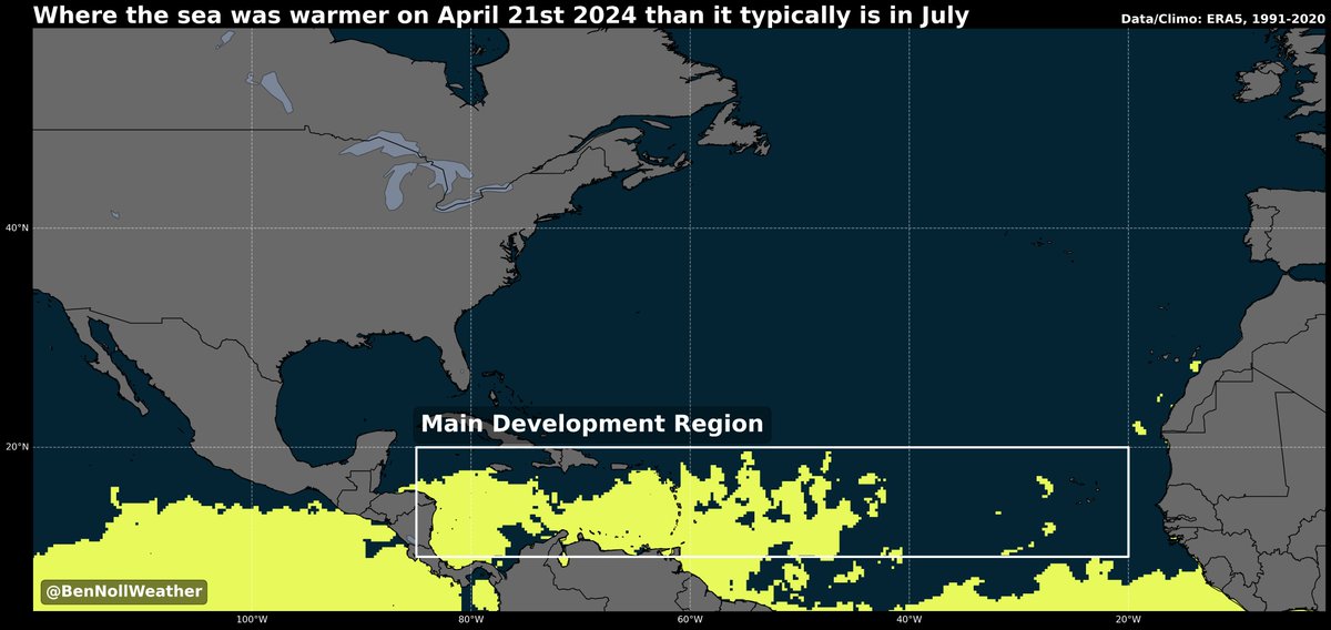 ❗️ About 40% of the Atlantic Main Development Region (for hurricanes) is currently warmer in late April than it typically is in July... This is why forecasters are keeping such a close eye on hurricane season this year: the seas are off-the-charts warm where the strongest