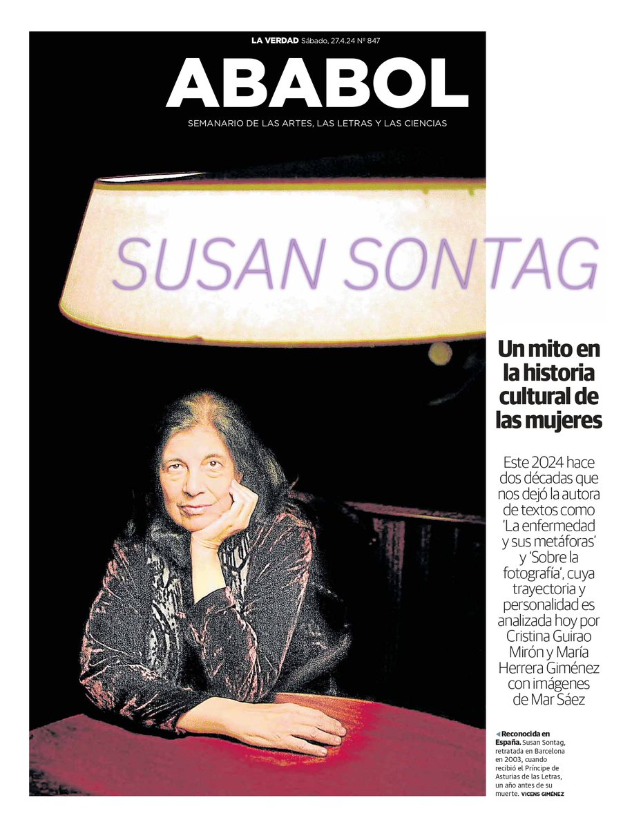 En #Ababol @laverdad_es #SusanSontag ('La enfermedad y sus metáforas' y 'Sobre la fotografía'), un mito en la historia cultural de las mujeres, analizado por Cristina Guirao Mirón y María Herrera Giménez con imágenes de Mar Sáez | Nos dejó hace 20 años laverdad.es/ababol/susan-s……