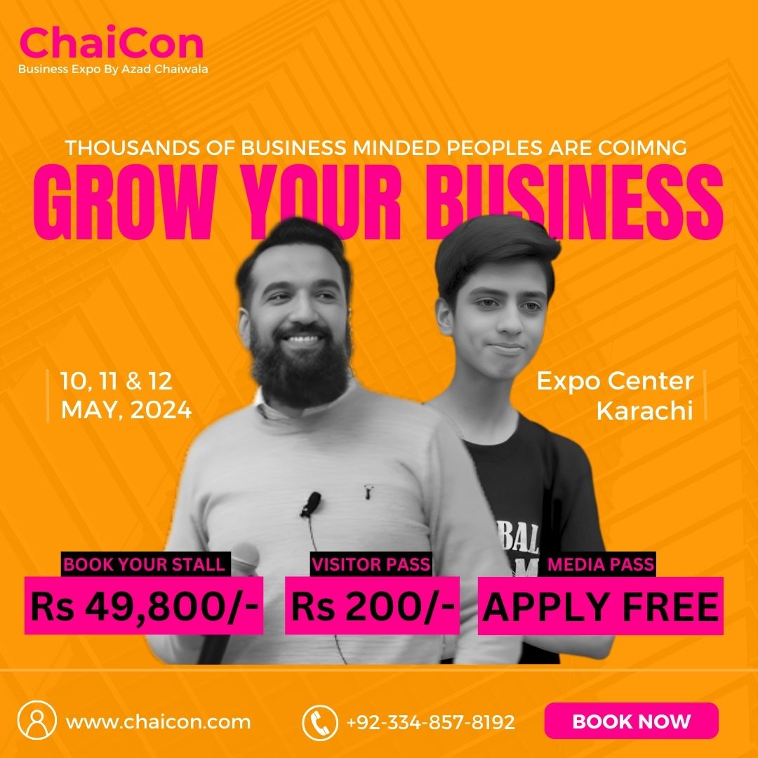 #AzadXHassaan Now grow your business through ChaiCon organized by @azadchaiwala on 10th, 11th, 12th May 2024. 
For Booking: Visit Chaicon.com
For Contact: +92-334-857-8192 . #azadchaiwala #ChaiCon #expo #businessopportunity #karachi #itsmhassaan