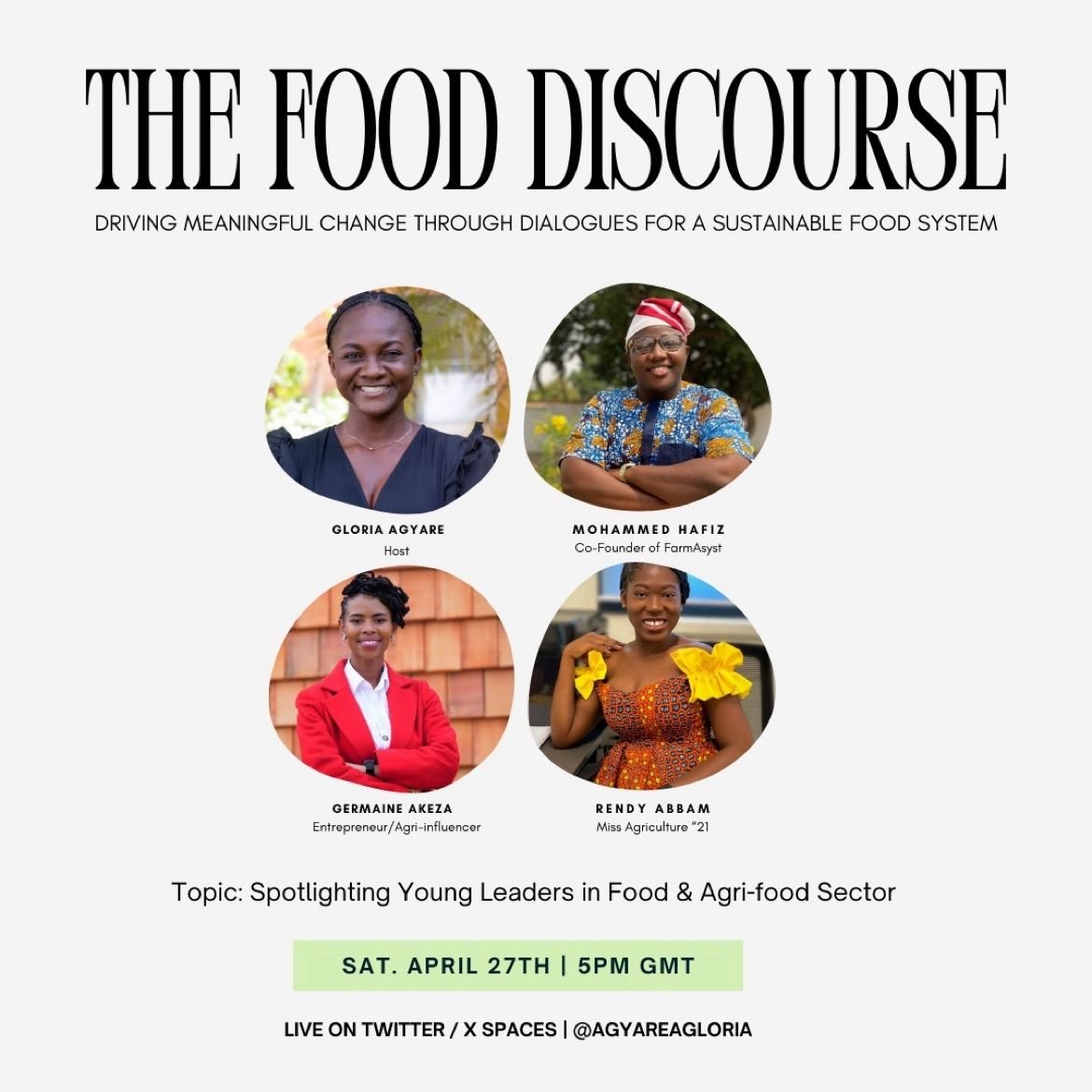 It's TODAY! I will be sharing my journey to this month's space discussion on #TheFoodDiscourse organized by @AgyareAGloria. The discussion will be exploring the pivotal roles of various stakeholders within the Agri-food system and how we can collectively build a sustainable…