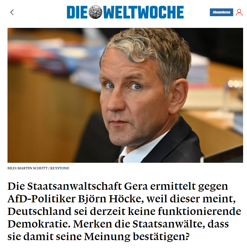 🚨🔥👉Die Staatsanwaltschaft Gera ermittelt gegen AfD-Politiker Björn Höcke, weil dieser meint, Deutschland sei derzeit keine funktionierende Demokratie. 

Merken die Staatsanwälte, dass sie damit seine Meinung bestätigen🤪?

🟥So langsam könnte man ihn Deutschlands Trump nennen.…