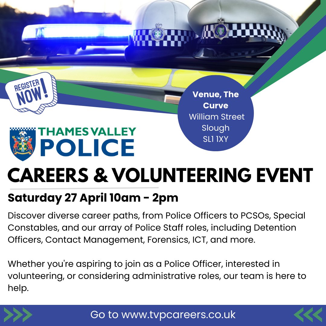 Join us at our Thames Valley Police Careers & Volunteering event at The Curve in Slough today. Meet our team and learn about Police Officer roles, Police Staff roles, and explore volunteering options - 10am - 2pm orlo.uk/GbuZN