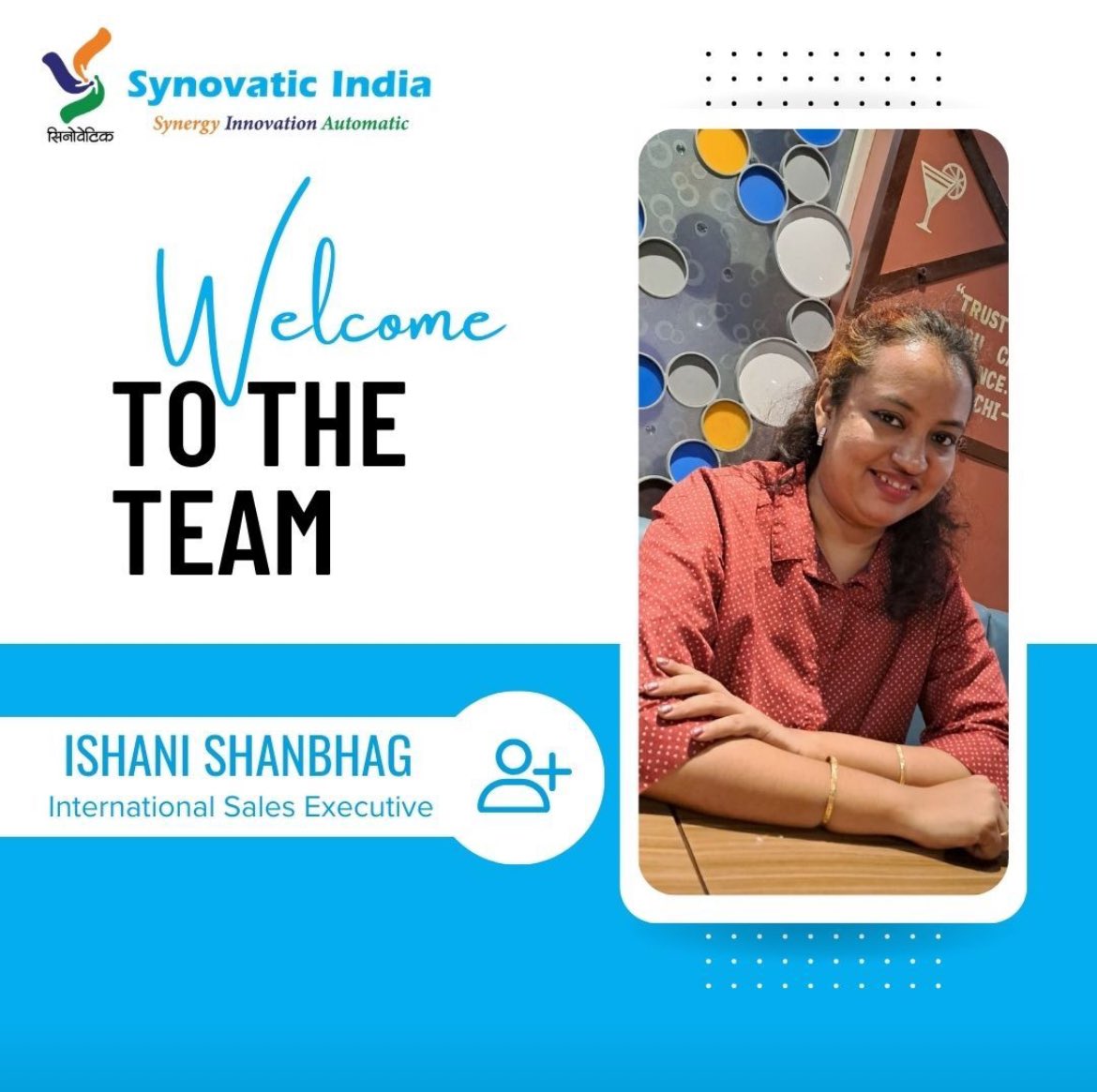 👋 Introducing Ishani Shanbhag, the newest addition to our team at Synovatic India Machinery Pvt. Ltd.! 
🌟 Let's give her a warm welcome as she joins us in shaping the future of our company. 
#newhire #welcomeaboard #welcome #teamspirit