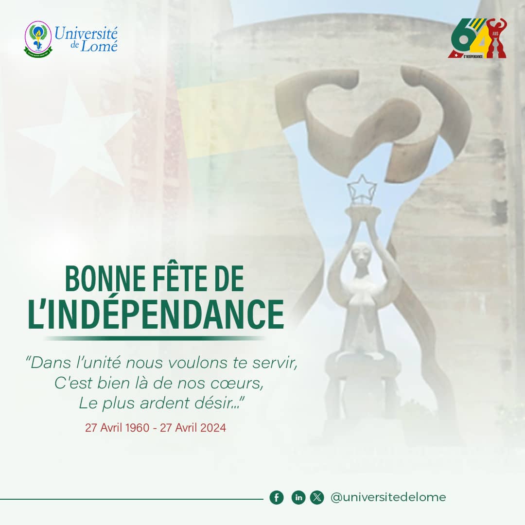 Bonne fête de l'indépendance à nos compatriotes d'ici et d'ailleurs. Que la fibre patriotique nous engage à servir notre pays dans la loyauté et l'unité.
#independance 
#27avril
#64ans
#Togo 
#UniveLomeTg