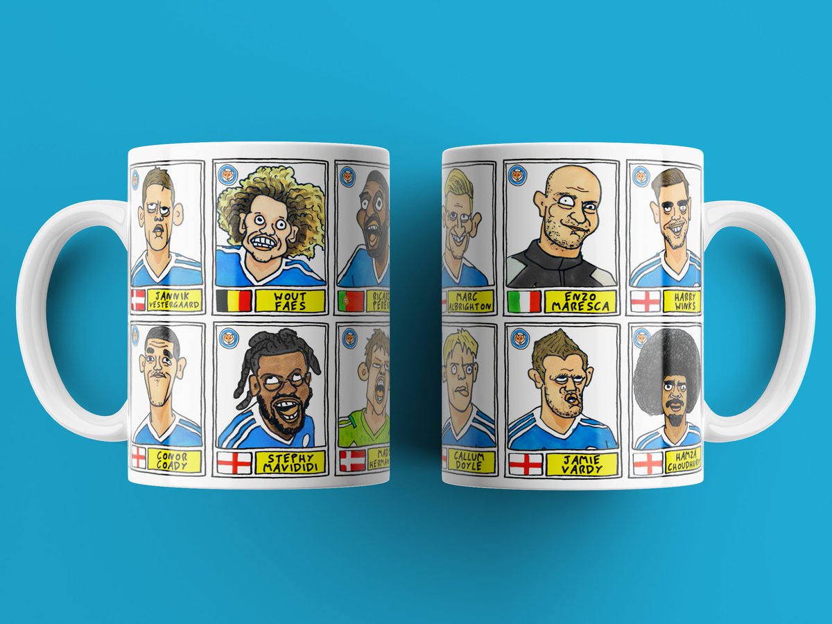 FINISHED: Leicester City promotion-winners, poorly drawn in an overnight frenzy of poor artistic choices. We did try. If you like, mug sets and A3 prints covered in this nonsense can be found on our shop. RTs are great, or tell a Foxes friend 🦊💙 🛒noscoredraws.com/collections/le…