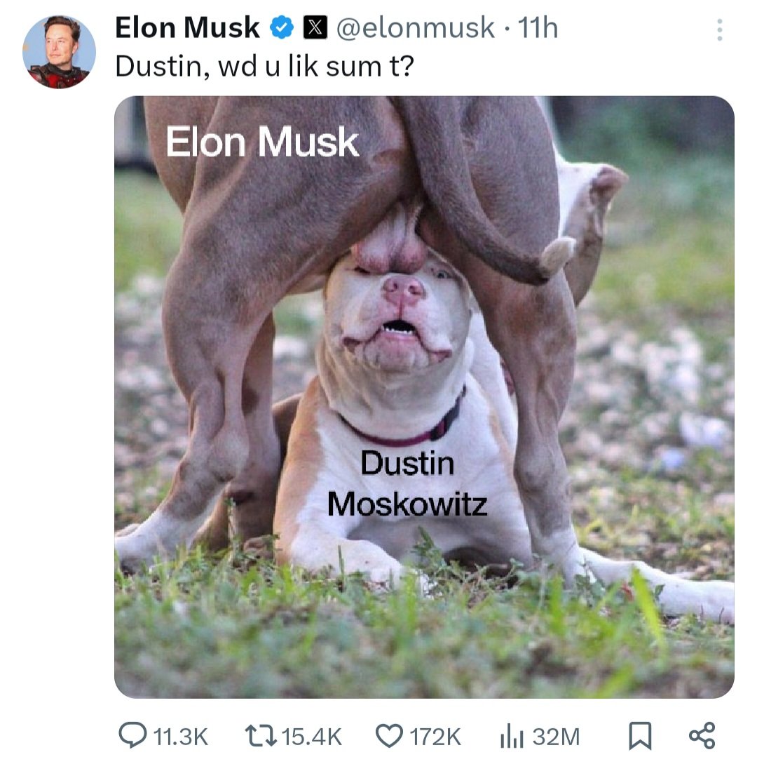 BREAKING: Elon Musk Responds to Facebook Co-Founder Dustin Moskowitz Calling Tesla a “Scam,” “Enron,” and a Running Fraud People Will Go to “Jail” Over By Posting a Teabagging Meme—Confirming He Can Offer No Other Reply to Moskowitz Spitting Hard Facts Than Childish Douchebaggery