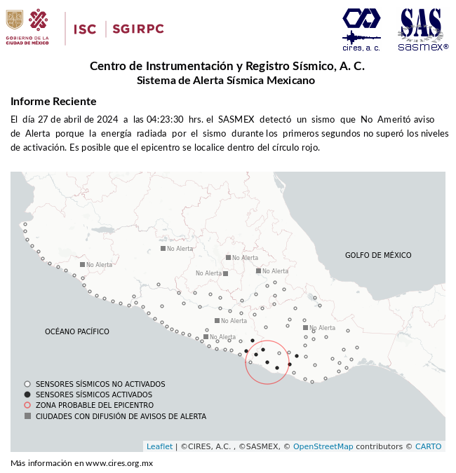 Informe preliminar del #Sismo detectado el 27-abr-24 a las 04:23:30 hrs.  #TenemosSismo #LaPrevenciónEsNuestraFuerza