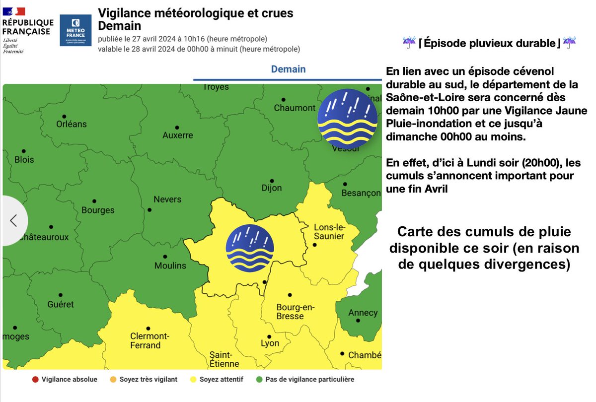 🟨⌈#VigilanceJaune⌋➡️Pluie-inondation ☔️

La journée dominicale ainsi que le début de semaine prochaine s’annonce très pluvieuse en #Bourgogne. 

⚠️D’ailleurs @meteofrance place la Saône-et-Loire en vigilance pluie-inondation en raison de forte pluie🌧️ remontant du sud.