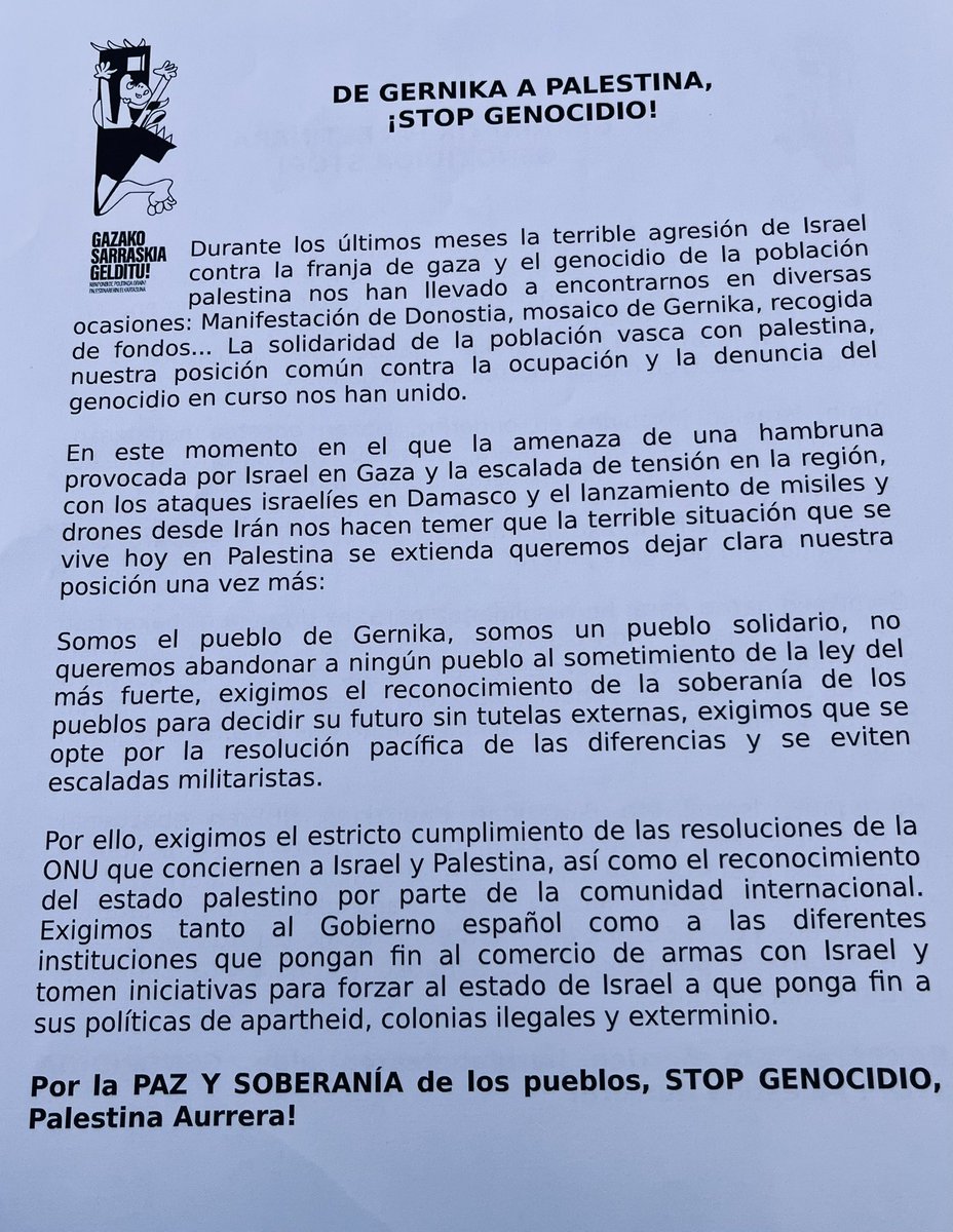 “Somos el pueblo de Gernika, somos un pueblo solidario, no queremos abandonar a ningún pueblo al sometimiento de la ley del más fuerte. Exigimos el reconocimiento del estado palestino por parte de la comunidad internacional”. Ana Mezo y @maitaneazurmend han leído la declaración.