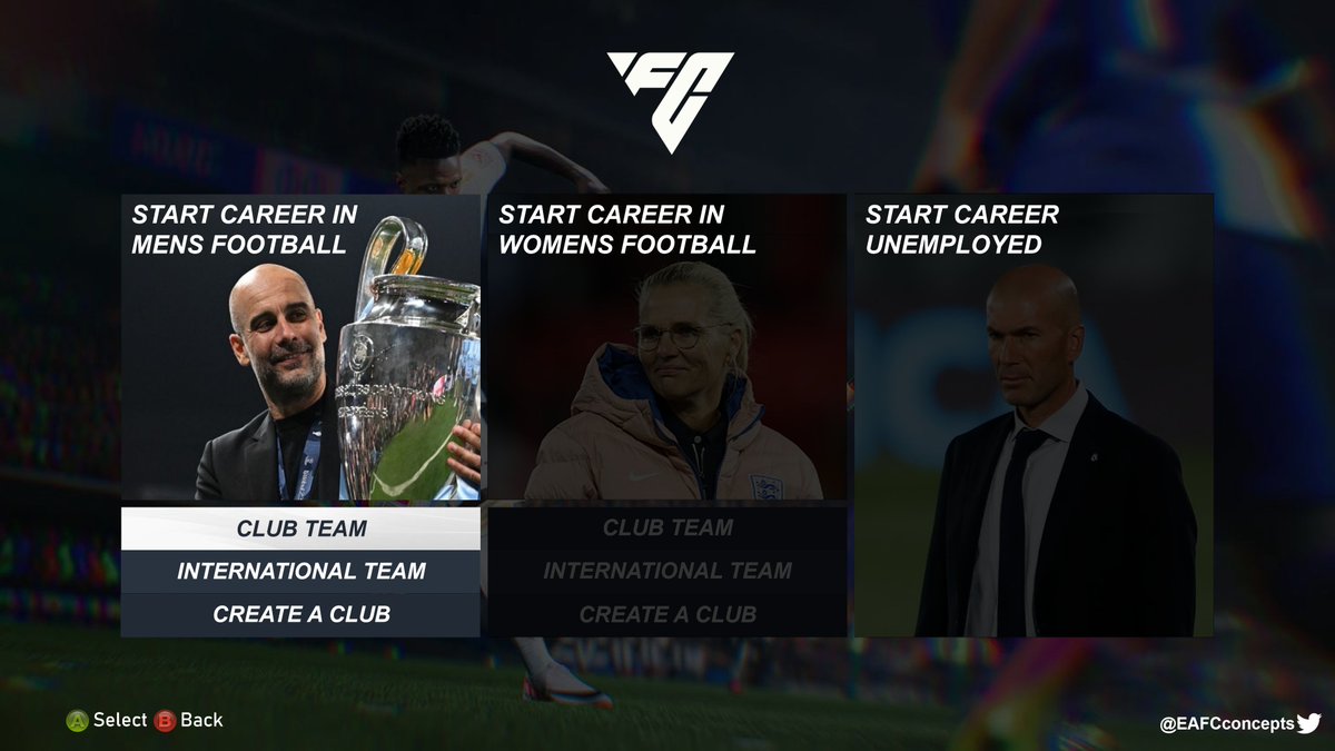 It would be to have more options for your career mode save like:

Start as an international manager only ✅
Start as a manager in women's football ✅
Start unemployed ✅

EAFC Concept 📷🔥
#fifacareermode #EAFC24 #EAFC24