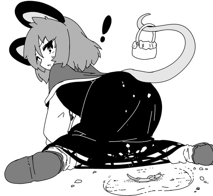 地面に尻餅をついて起きあがろうとしているナズーリンと、尻餅をついた時に地面にできたお尻の跡の真ん中で、お尻の下敷きになって全身を紙みたいにペラペラに潰されて目をグルグル回しているうつ伏せの子ネズミを描いてください!#odaibako_eclair5000  