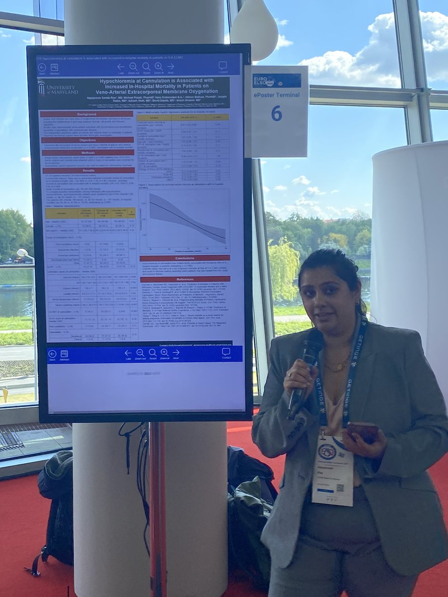 Superstar ACS Fellow @SaradaRao8 presenting her work on the Influence of Hypochloremia at Time of Cannulation on Mortality in V-V ECMO Patients @EuroELSO #EuroELSO2024 👏👏👏