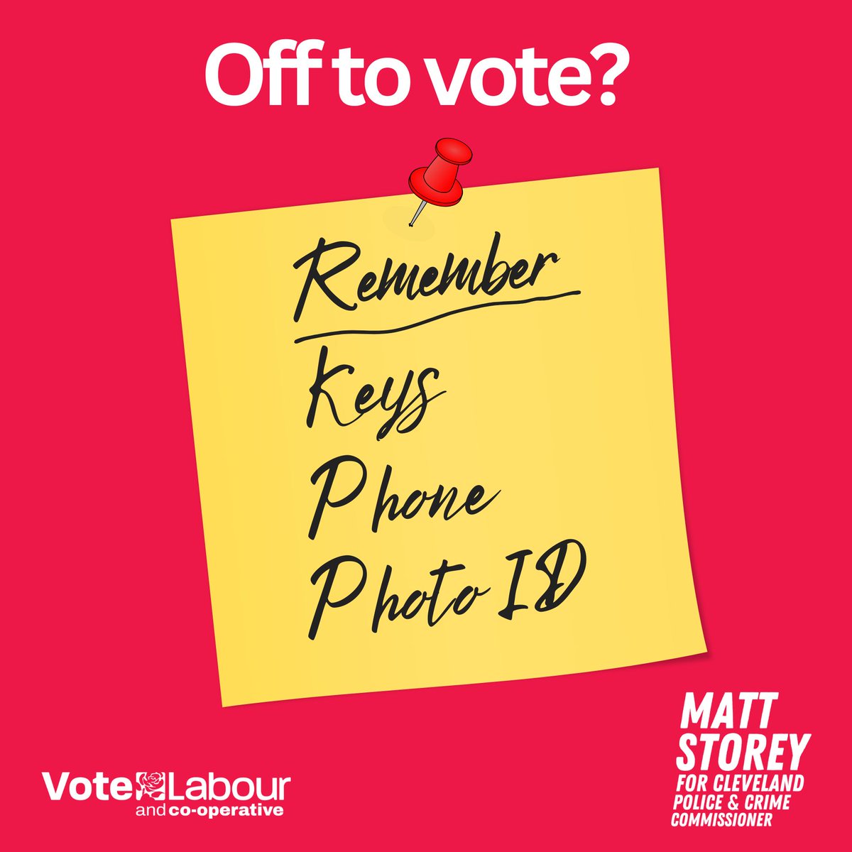 Today's your chance to vote to bring back community policing to Cleveland with Labour. 🌹👮 Please don't forget to bring vote ID to the polling station! 🗳️