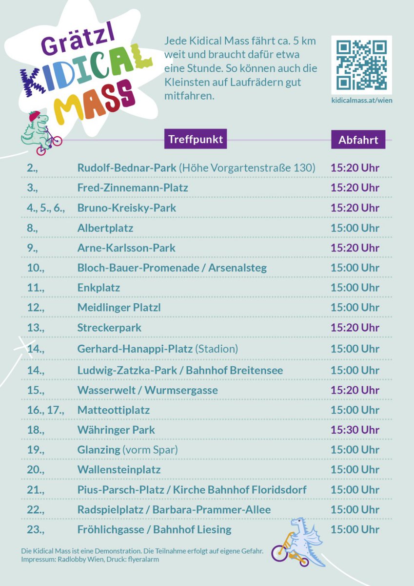 Am Samstag, 4.5. um 15 Uhr kommt die KIDICAL MASS, Wiens größter Fahrrad-Korso für Kinder, zum zweiten Mal in die Bezirke. 19 Fahrrad-Demos gleichzeitig in ganz Wien! Sicheres Radeln in der Gruppe mit Polizei-Begleitung, Musik und Seifenblasen!