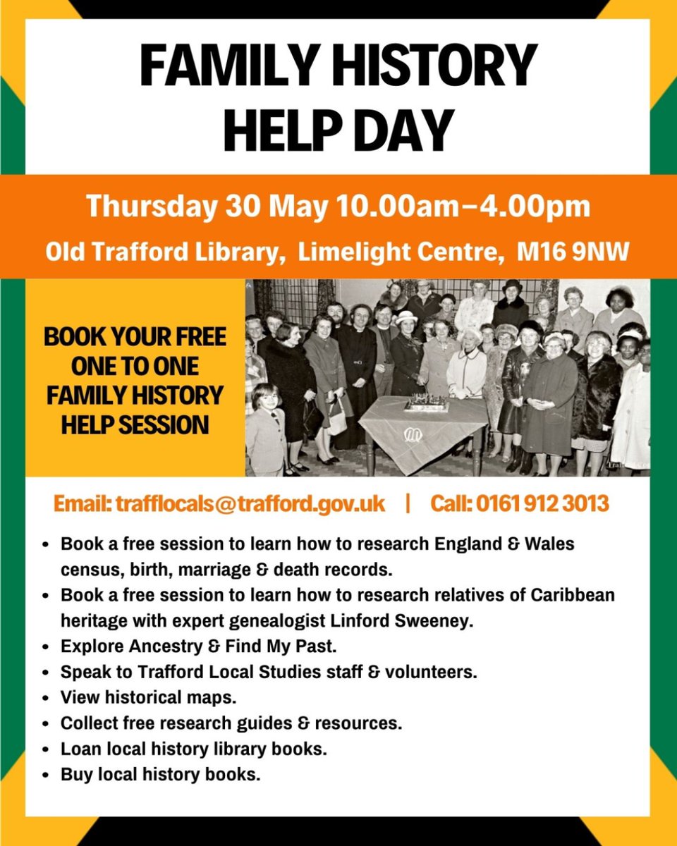 Interested in learning about local history or researching your own family history? Join us for the next family history help day pop up event at Old Trafford Library. Book a 1 to 1 family history help session with one of our volunteers trafflocals@trafford.gov.uk or 0161 912 3013