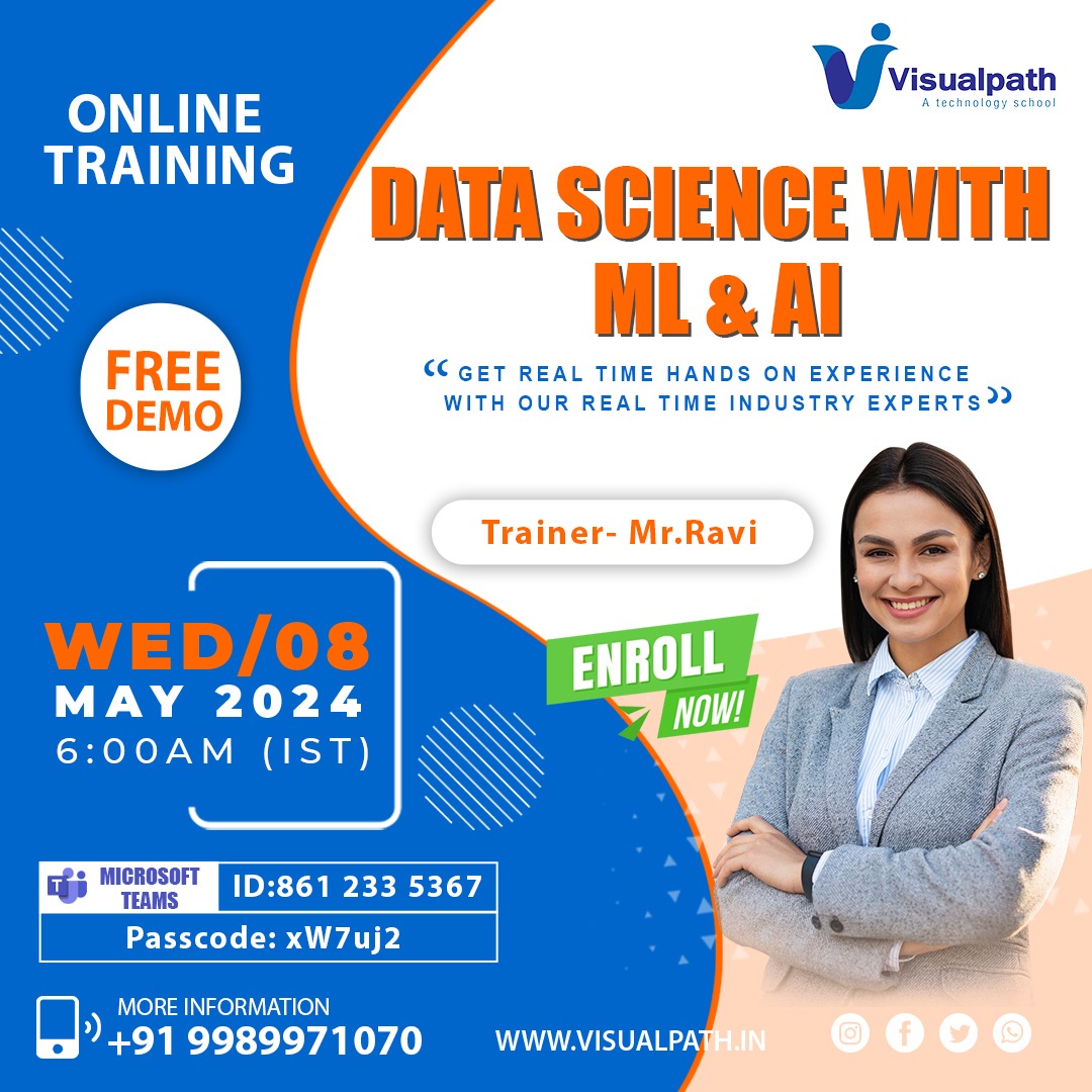 Join Microsoft Teams ID:  861 233 5367
Passcode: xW7uj2
Attend Online #FreeDemo on #DataScience With #AI & #ML on 8th May, 2024 @ 06:00 AM IST
Call: +919989971070.
Visit: visualpath.in/artificial-int…
#ArtificialIntelligenceCourse #deeplearning #machinelearning  #Aitraining #AIcourse