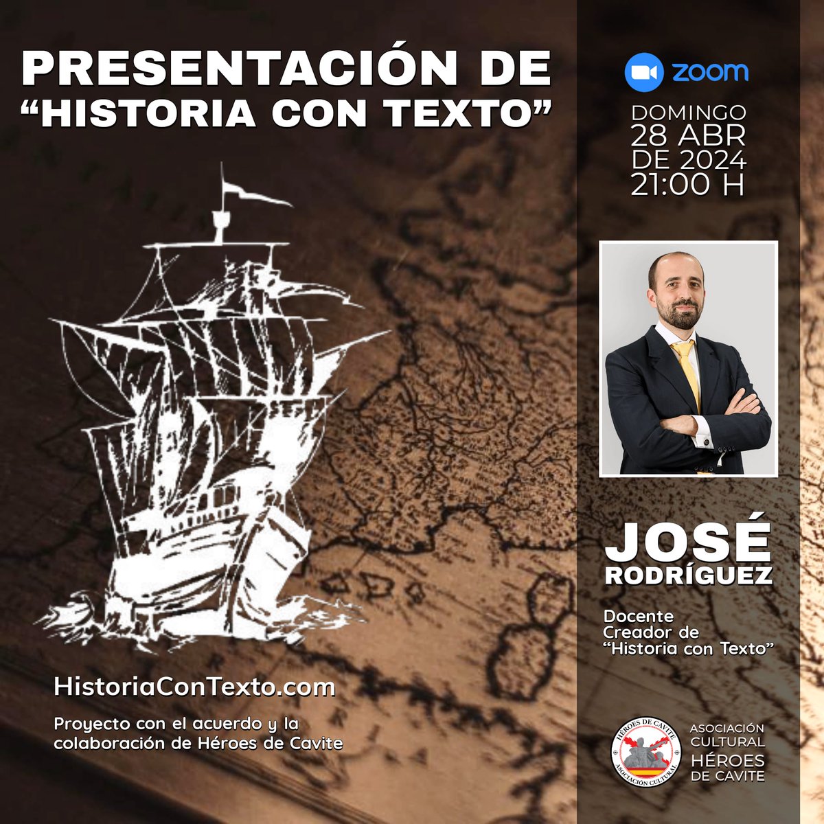 Videonferencia: *Presentación del proyecto 'Historia con Texto'* y acuerdo de colaboración para la inclusión en el mismo de la A. C. Héroes de Cavite Este proyecto ofrecera libros gratuitos a escolares y sin Leyenda Negra. Con José Rodríguez Inscripción en info@heroesdecavite.es