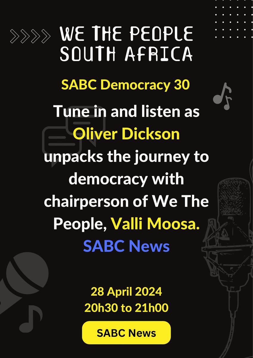 We would like to invite the public domain to tune into a captivating yet intriguing conversation which will be hosted by @Oliver_Speaking as he unpacks the journey to democracy with chairperson of We The People, Valli Moosa. #wethepeoplesa #SAConstitution #Democracy30