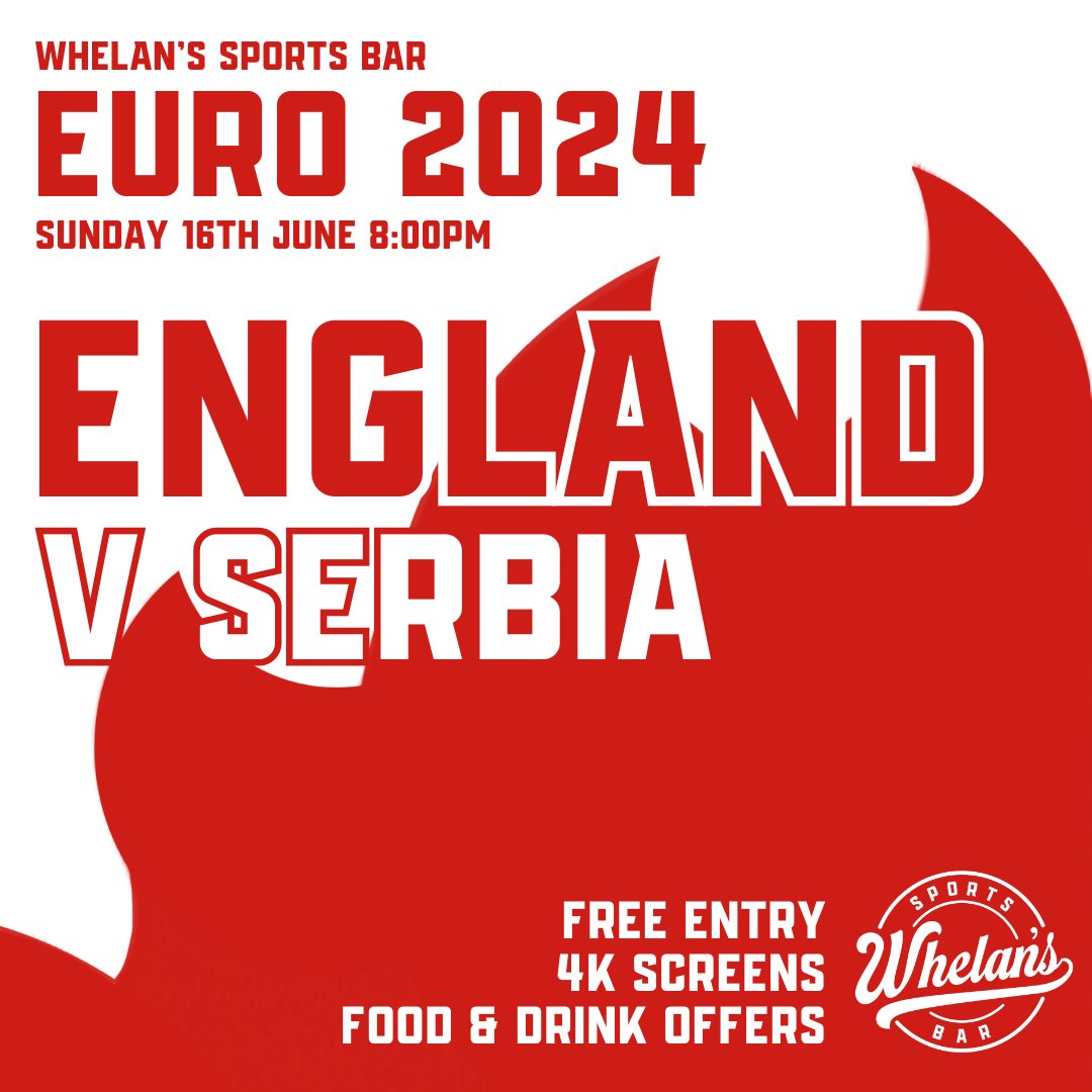 England Vs Serbia X Father’s Day in Whelan’s ⚽🙌 Heading to watch the Euros with dad this father’s day? Head down to the stadium and catch the game across all our screens in Whelan’s Sports Bar! Plus, dad’s can grab a pizza and pint for just £10 between 12pm and 8pm 🍻🍕