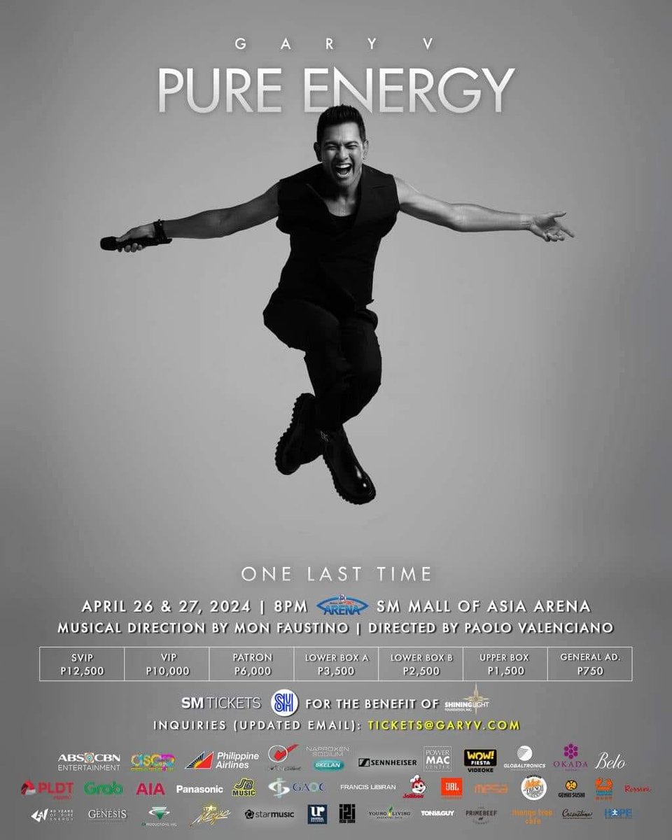 TONIGHT: Gary Valenciano #PureEnergyOneLastTime at the SM Mall of Asia Arena!

Celebrate 40 Years of #GARYVPureEnergy with amazing music, captivating dance moves, and special performances from guest artists.

See you tonight for #GaryValencianoAtMOAArena!