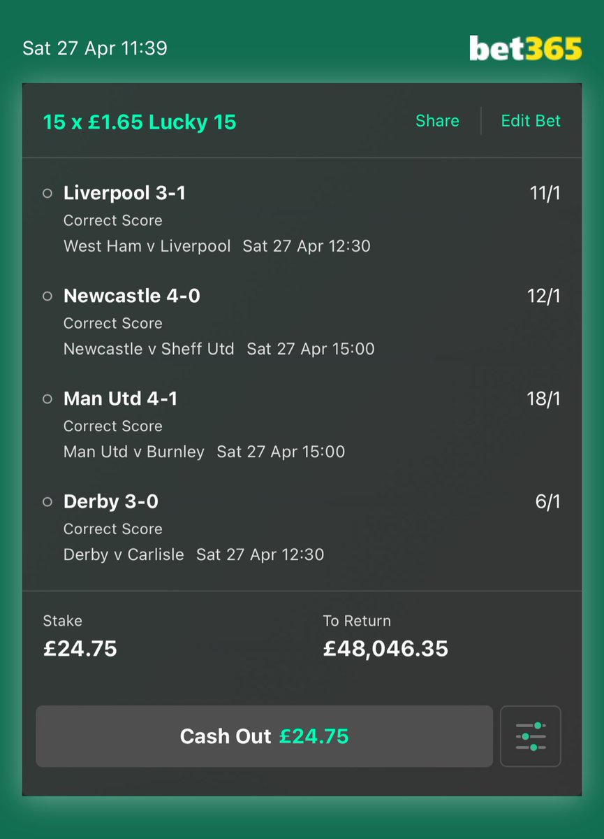 £1,000 CASH GIVEAWAY 💷

If this correct score lucky 15 wins, I’ll giveaway £1,000 to 1 follower who retweets this bet.

Good luck