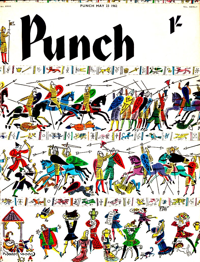 Today's PUNCH colour cover. Only 3 years to go to the 1000th anniversary of the Bayeux Tapestry. Here's PUNCH's 1962 version to be going on with... But how has Mr P got in there? By PAV (Francis Minet) #medieval #MiddleAges #NormanInvasion #WilliamtheConquerer #Normans #history