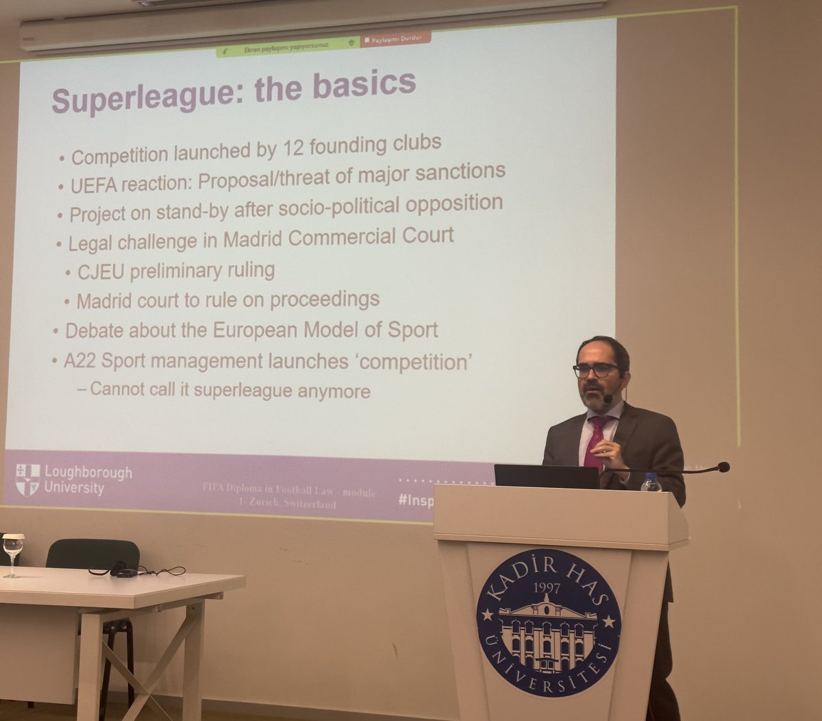 Günün ikinci, haftanın ve programlarımızın son dersi: “The ‘superleague’ ruling of the CJEU and the future of European club football” Eğitmenimiz Loughborough University Dr. Öğr. Üyesi Borja Garcia. #sporiletişimi #sporhukukuveyönetimi