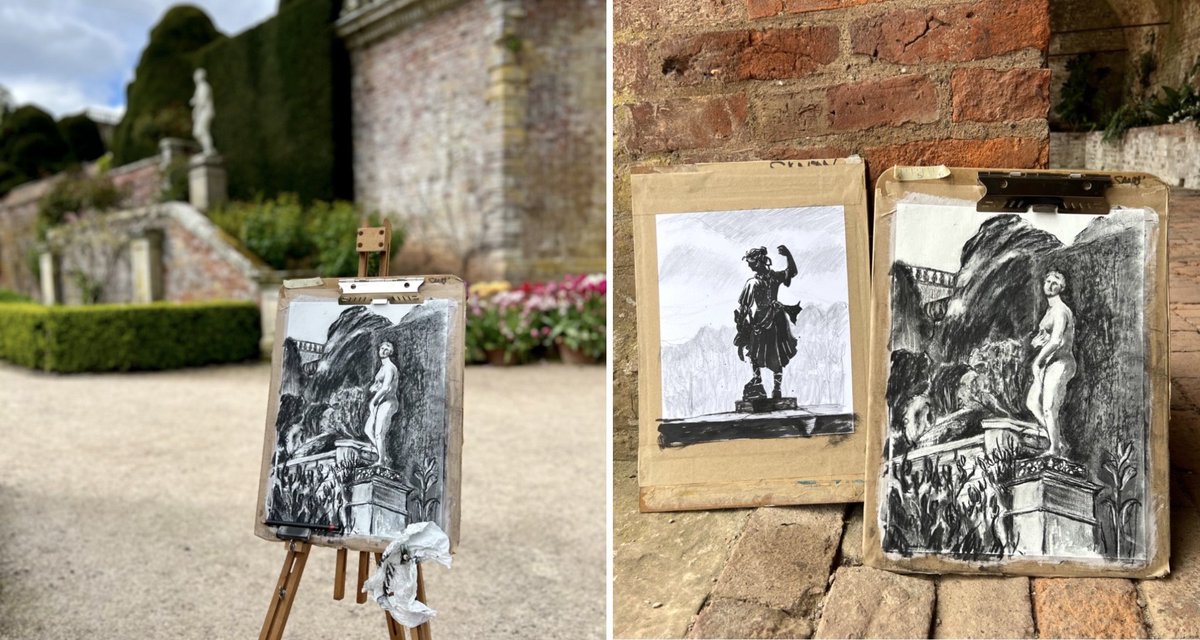 Drawing in the stunning gardens of Powis Castle, Welshpool. Charcoal on gesso-prepared paper. Acrylic ink on stretched cartridge. 
#Cymru #Wales