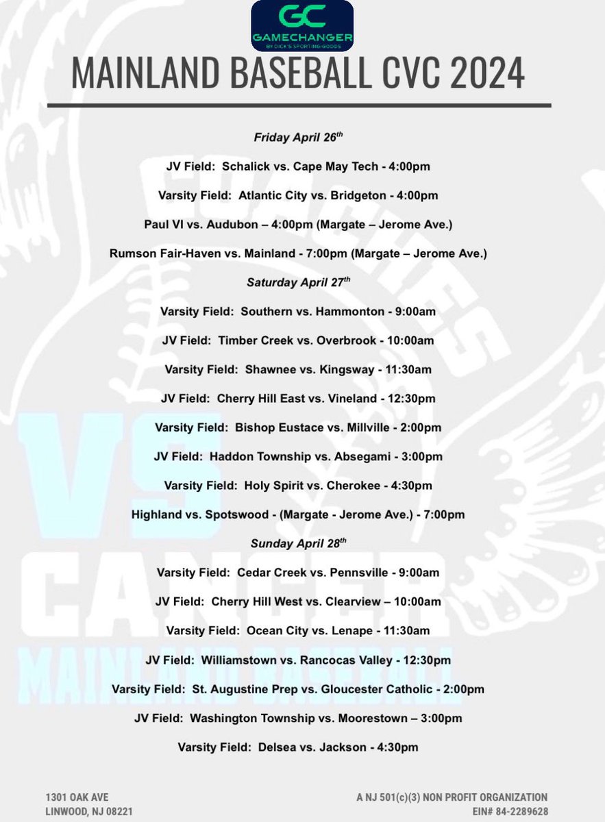 It’s BASEBALL day!!! Come on out to Mainland High School to help us fight the fight while taking in some awesome games!! @GCsports @TWIBaseballSJ @BFAlivestream #crushcancer #CvC2024