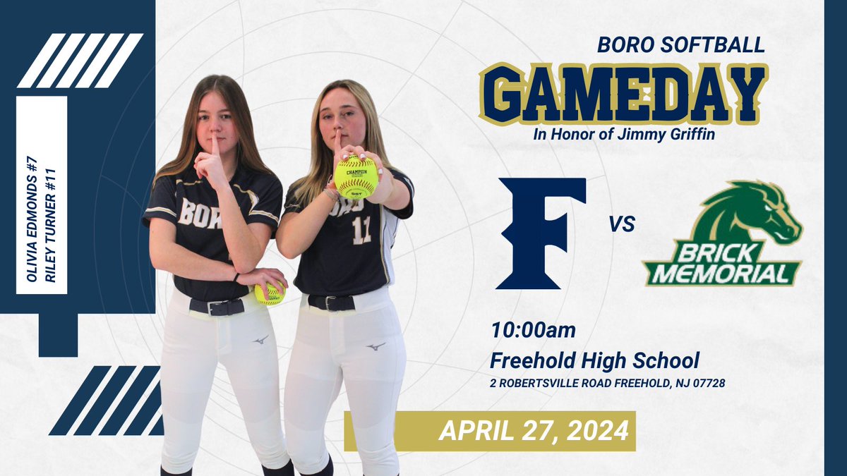 GAMEDAY‼️
🥎 vs. @Stang_Softball 
📍 Freehold High School
⏰ 10:00am

Today, we will be honoring former NJSIAA Umpire- Jimmy Griffin for his love and dedication to the sport & the Shore Conference 

#BoroPride @FBHSathletics @ShoreConfSB