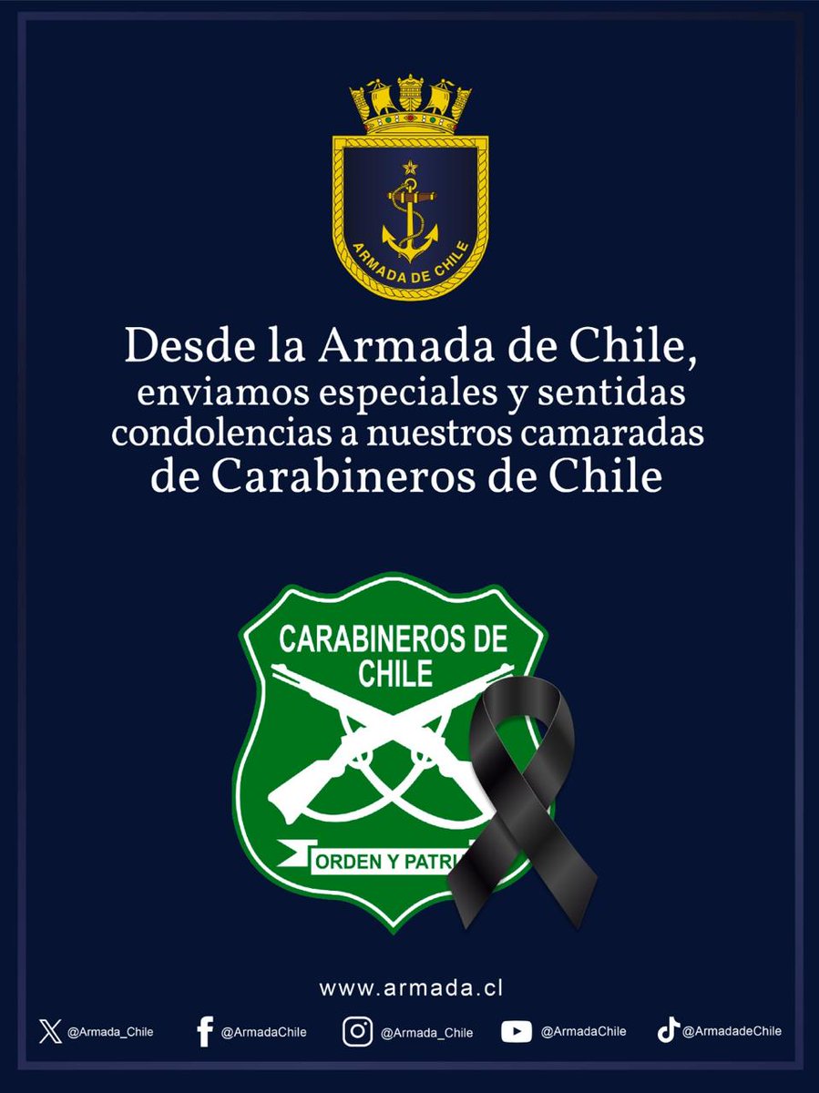 La Armada de Chile acompaña a nuestros camaradas de @Carabdechile en este triste momento y les envía unas especiales y sentidas condolencias. #ArmadaPorChile