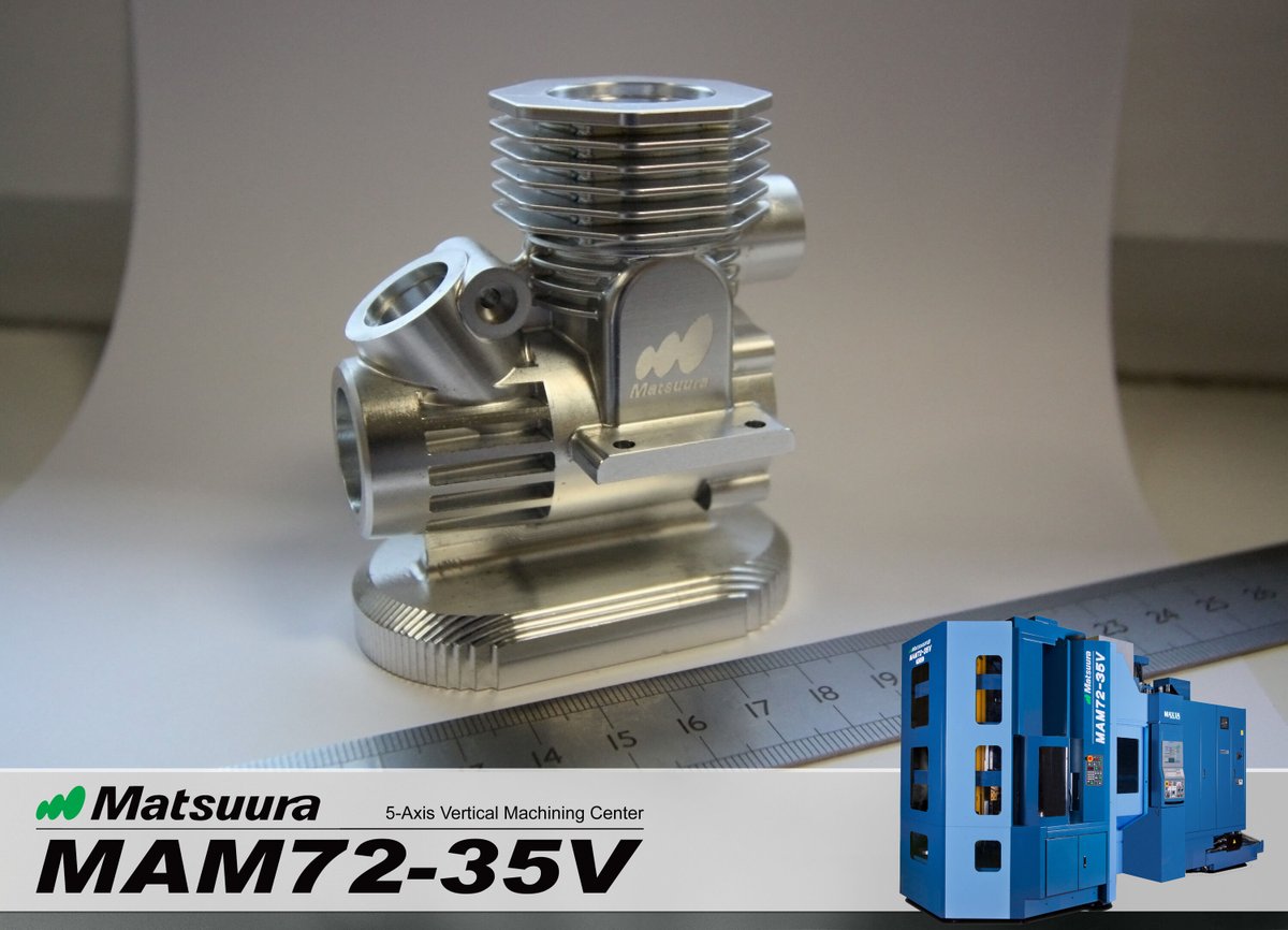 Component of the day. Model Aircraft Engine, machined from solid billet on a fully automated Matsuura MAM72-35V - the clear market leader for unmanned 5 axis CNC production. Find out why – call us on 01530 511400. 5 and 4 axis multi pallet UK stock machines always available.