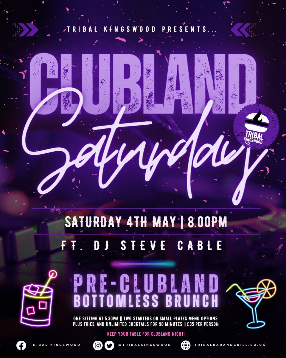 Clubland Saturday returns next weekend with DJ Steve Cable 🥳🎉 Don't miss our Pre-Clubland Bottomless Brunch from 5.30pm, and keep your table for later on 🙌 🚨 Food orders are taken when making the booking View Menus 👉 tribalbarandgrill.co.uk/menus 🍔 #TribalKingswood