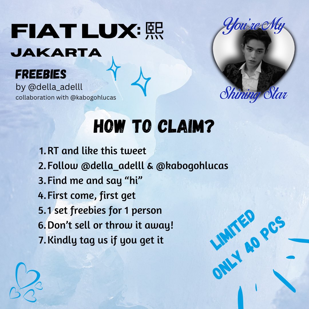 LUCAS FIRST FANCON TOUR
𝗙𝗜𝗔𝗧 𝗟𝗨𝗫 : 熙 IN JAKARTA

Freebies by @della_adelll
collab w/ @kabogohlucas

RT & like are very appreciated🫶🏻

🗓️ : May 11, 2024
📍 : The Kasablanka Hall
⏰️ : TBA

see u there👋🏻😉
limited qty❗️

#FREEBIESFANCONLUCAS #FIATLUX #LUCAS_FIATLUX_JAKARTA