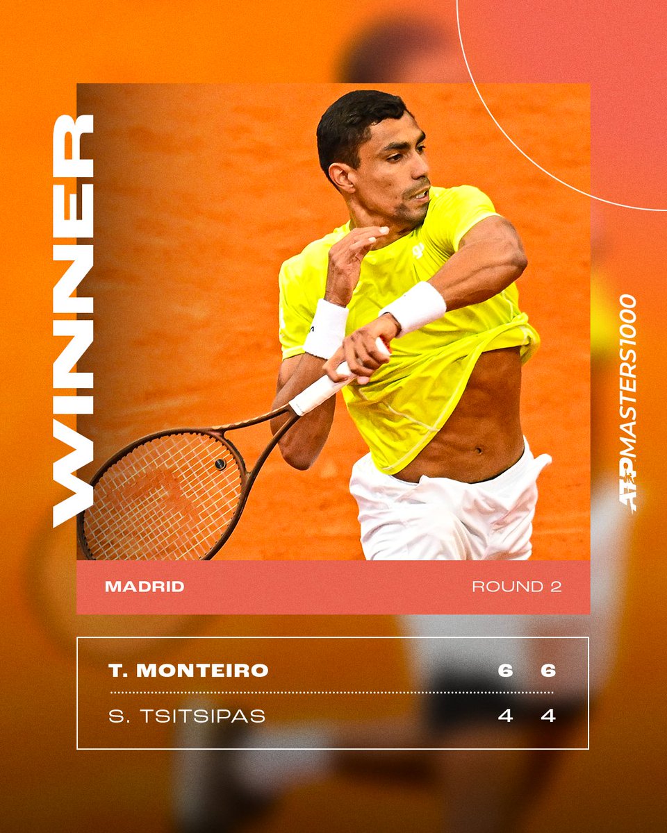 Into round 3 🔥 @dThiagoMonteiro defeats Tsitsipas in straight sets to advance to R3 of an ATP Masters 1000 event for the first time in his career! @MutuaMadridOpen | #MMOPEN