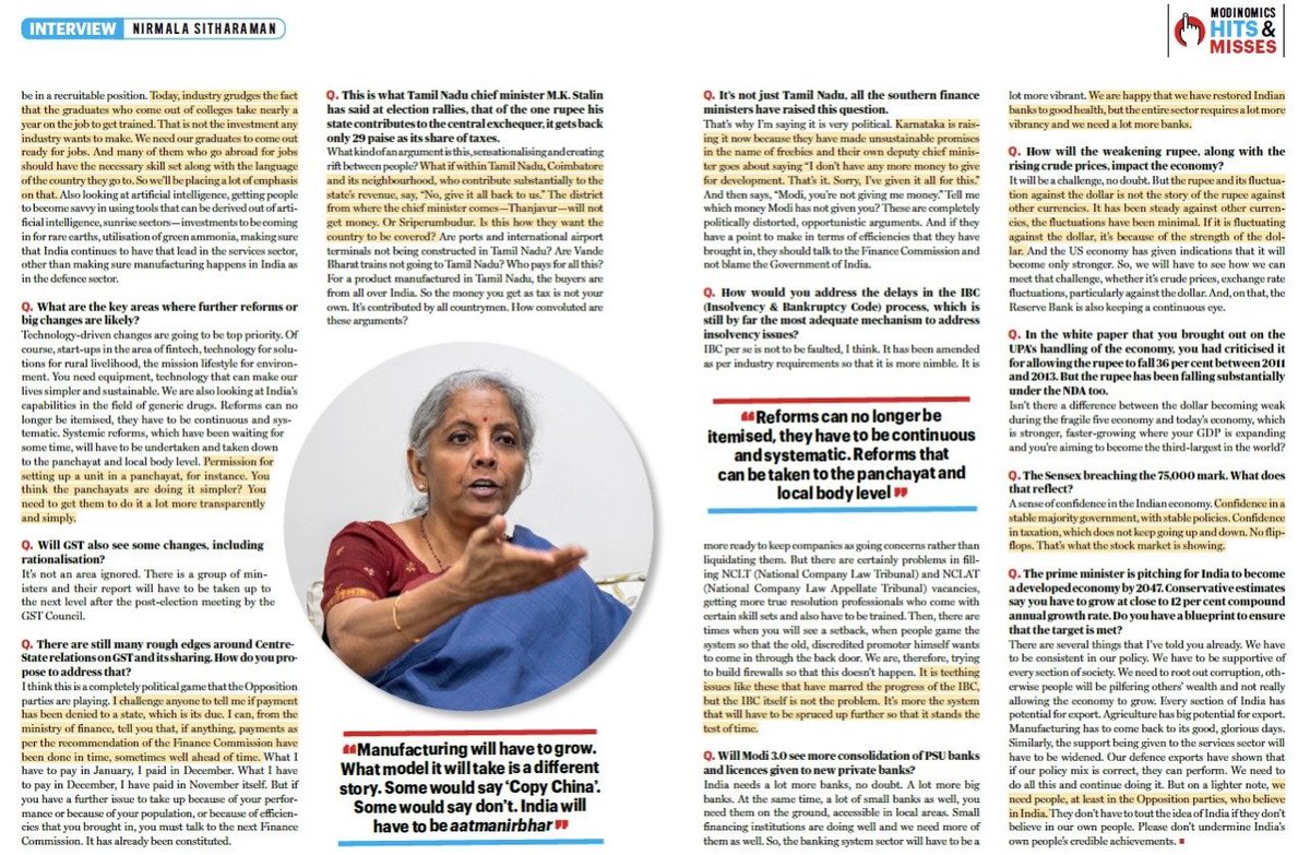 'PM @narendramodi's vision is to make everyone create wealth for themselves. If people can earn on their own, save on their own, buy property, that itself lifts them to the next level.” - Smt @nsitharaman in an interview to India Today Magazine. Read full interview here: