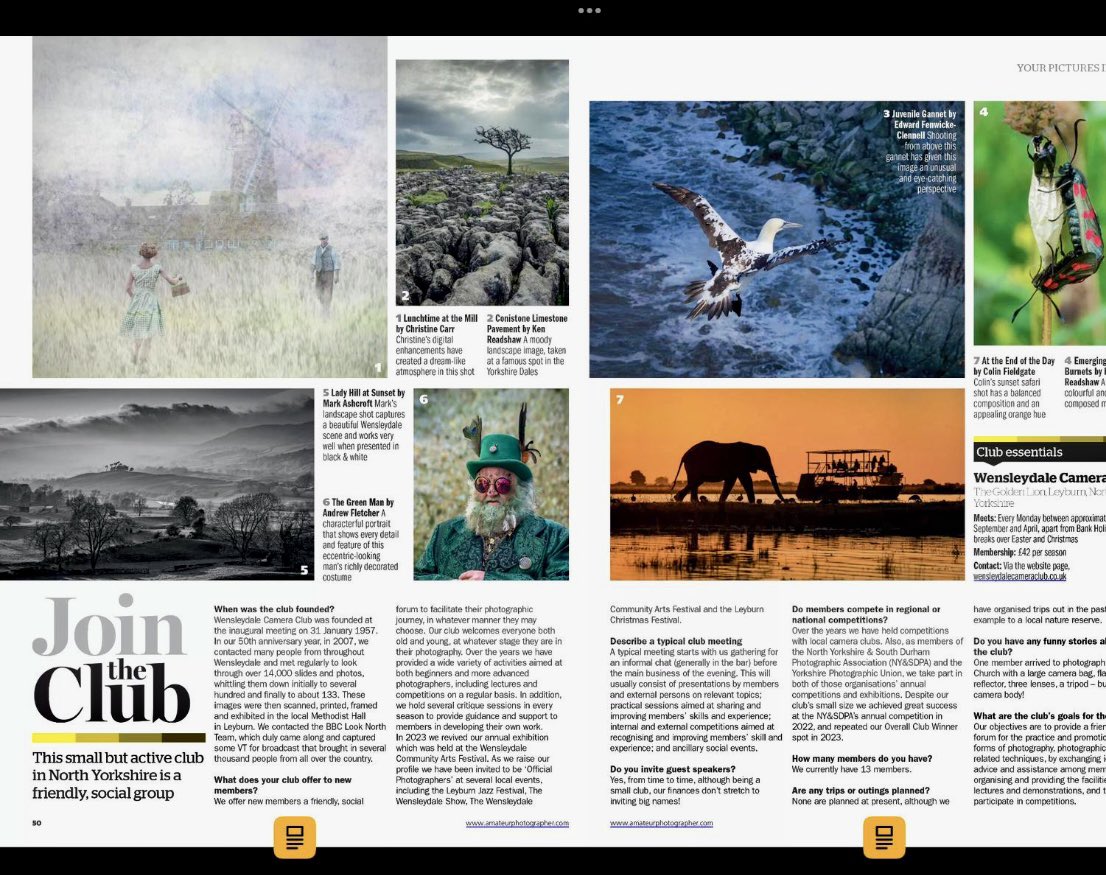 Delighted to see are little Camera club in the Heart of Wensleydale featured in the May edition of Amateur Photographer magazine & one of my pics featuring !