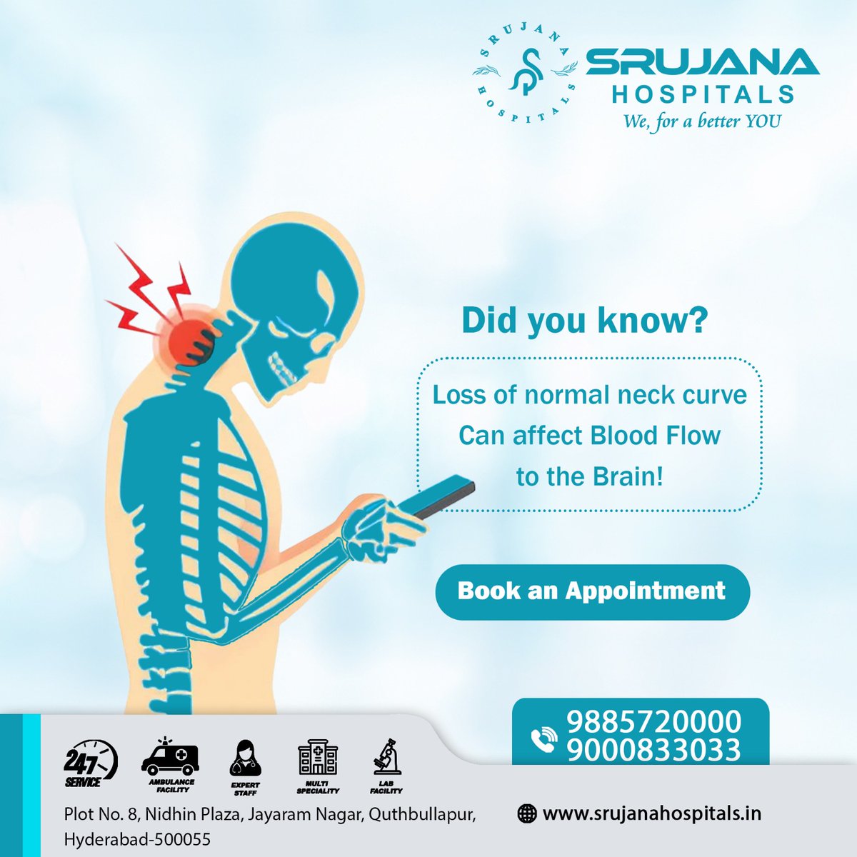 Did You Know? Phone : 𝟗𝟖𝟖𝟓𝟕𝟐𝟎𝟎𝟎𝟎/𝟗𝟎𝟎𝟎𝟖𝟑𝟑𝟎𝟑𝟑 Website : srujanahospitals.in Location : maps.app.goo.gl/FWJchpKS4VCJLF… #DidYouKnow #DidYouKnowThis #NeckCurve #BloodFlow #Srujanahospitals #Quthbullapur #Hyderabad