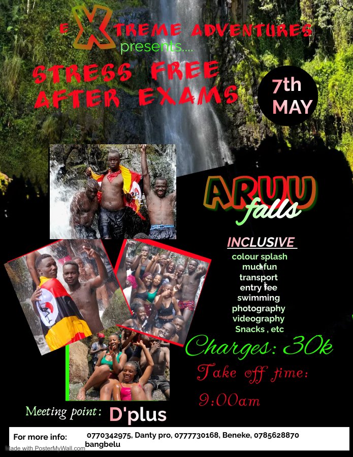 'Need a post-exam recharge? Join us for a stress-free trip to Aruu Falls on May 7, 2024, for just 30k UGX! Embrace nature and leave the exams behind. 🌿💧 #AruuFalls #StudentGetaway #ExamRelief #UgandaTravel #EscapeTheStress'