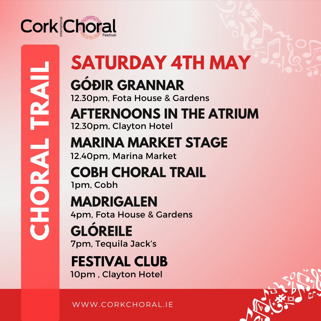 Check out the full calendar of performances for the festival's free Choral Trail in Cork city and county! Join us for the #CorkChoral fun and listen to choirs from near and far sharing their unique choral traditions 🌍🎶 @TequilaJacksBar @Fotahouse @MarinaMktCork @CobhTourism