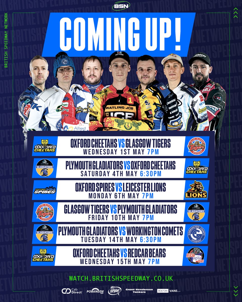 🚨 𝘾𝙊𝙈𝙄𝙉𝙂 𝙐𝙋 🔜 𝙊𝙉 𝘽𝙎𝙉 There's plenty of action lined up to go live on BSN this May, starting with the 2nd leg of Oxford Cheetahs' KO Cup Quarter-Final clash against @glasgowtigers this Wednesday! 🆚 01.05 | Cheetahs V Tigers 🆚 04.05 | Gladiators V Cheetahs 🆚