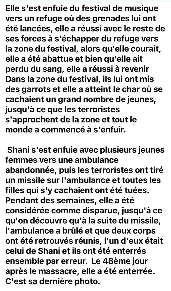 Elle était jeune. Elle était belle. Elle avait la vie devant elle. Elle a eu le malheur de croiser des monstres nazis barbares criminels du hamaSS terroriste qui lui ont ôté la vie, ainsi qu’à des centaines d’autres jeunes filles qui ne voulaient que s’amuser au Festival 🥲