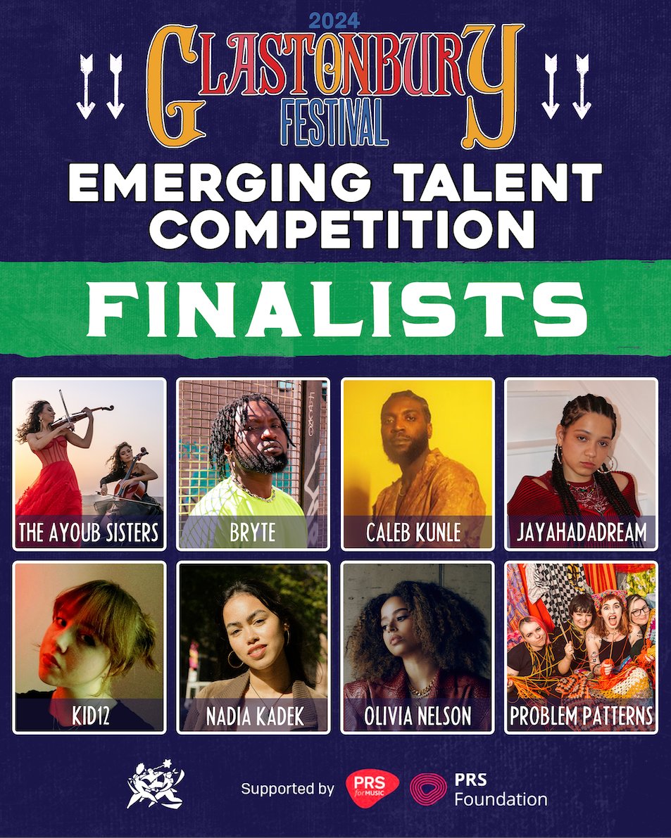 We're heading to Pilton for the 2024 @glastonbury Emerging Talent Competition final. Excited to see these talented artists performing: @TheAyoubSisters, @bryte_music, Caleb Kunle, @JayaHadADream, Kid 12, @oliviajnelson, @nadiakadekmusic and @probpatterns. PRS for Music and…