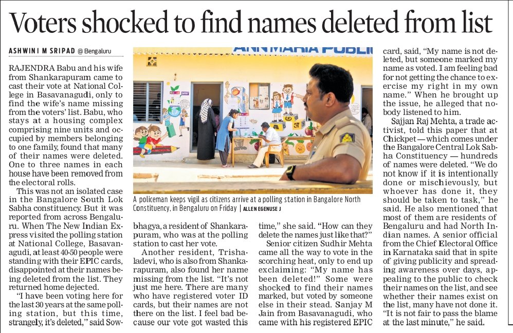 Rajendra & his wife, from Shankarapura, came to cast their vote at National College in Basavanagudi, just to find the wife’s name was deleted. At their housing complex comprising 9 units, occupied by same family, found that many of their names were deleted newindianexpress.com/states/karnata…