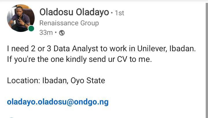 Looking for 2 or 3 data analyst in Ibadan