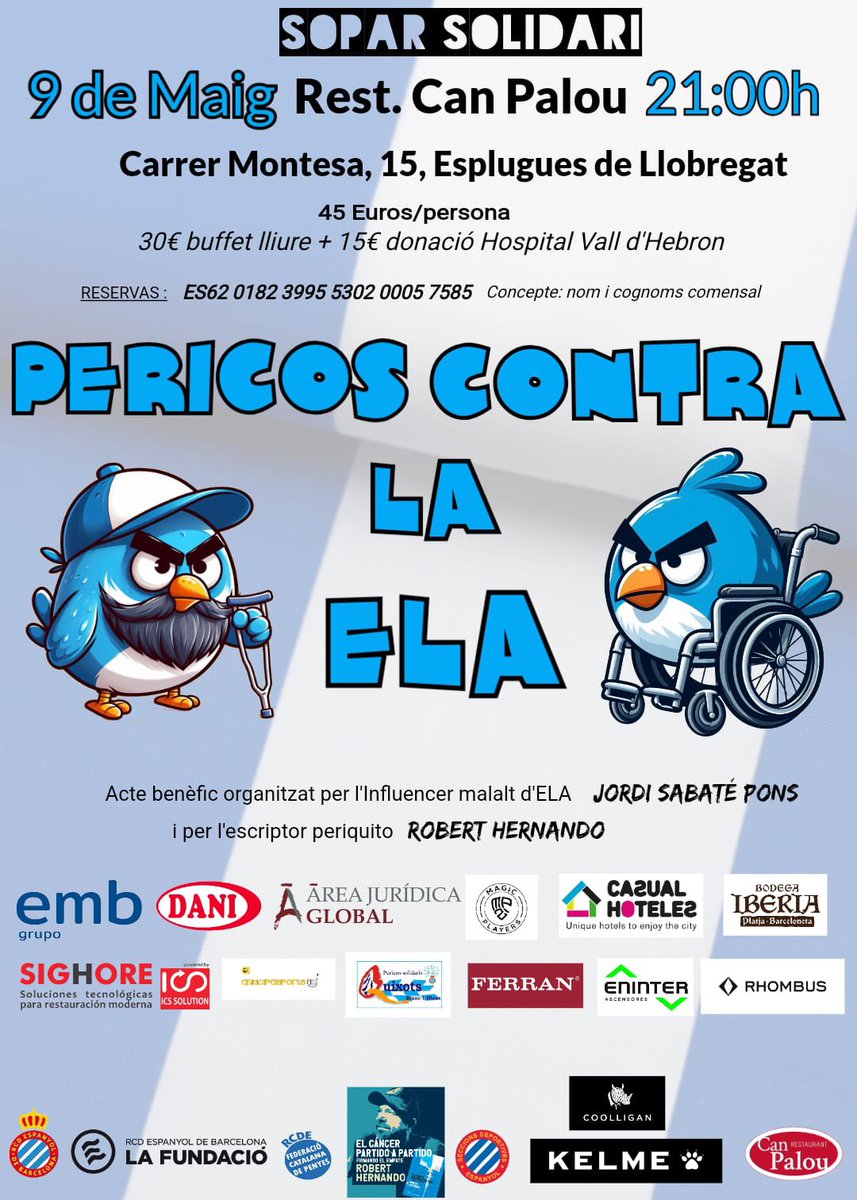 La empresa del gran perico <a href="/FerranGranell/">FerranGM</a> #FerranVacacional es otra de las que han patrocinado el letrero oficial de #PericoscontralaEla con una aportación económica a la <a href="/vallhebron/">Vall d'Hebron</a> ¿Todavía no estáis apuntados a la cena? <a href="/pons_sabate/">Jordi Sabaté Pons</a> #rcde #ElcheEspanyol