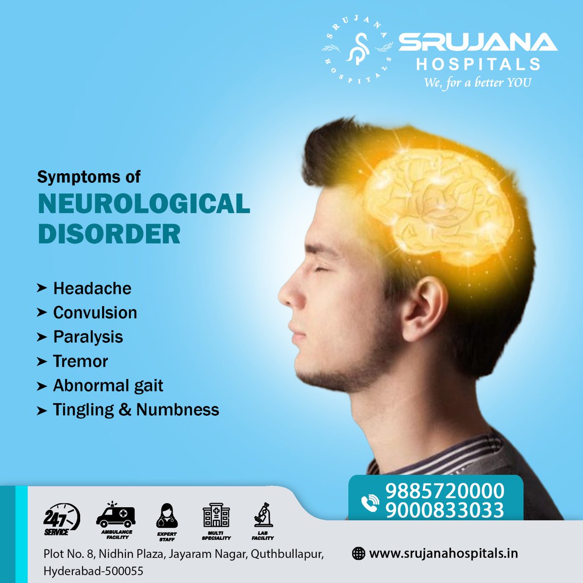 Symptoms of Neurological Disorder

Phone : 𝟗𝟖𝟖𝟓𝟕𝟐𝟎𝟎𝟎𝟎/𝟗𝟎𝟎𝟎𝟖𝟑𝟑𝟎𝟑𝟑
Website : srujanahospitals.in

#NeurologicalHealth #NeurologicalDisorders #Headache #ParalysisRecovery #Srujanahospitals #Quthbullapur #Hyderabad