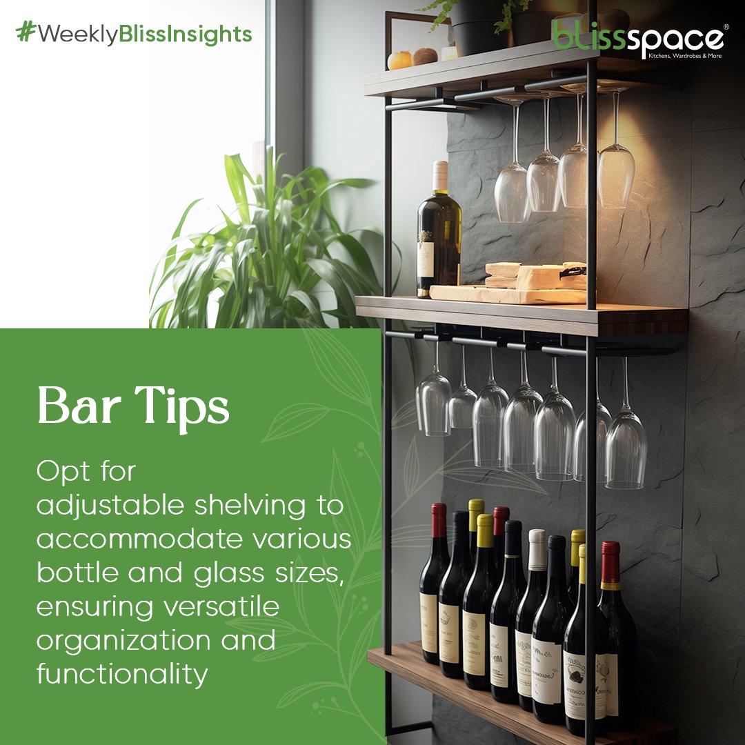 Who doesn’t love a home bar, here is a small tip to make the most of it!

blissspace.in

#BlissspaceIndia #Blissspace #BlissspaceDesigns #HomeDesigns  #Interiors #InteriorDesign #LuxuryInteriors #ModularSolutions #ModularKitchen #HomesByBlissSpace #BlissSpaceHomes