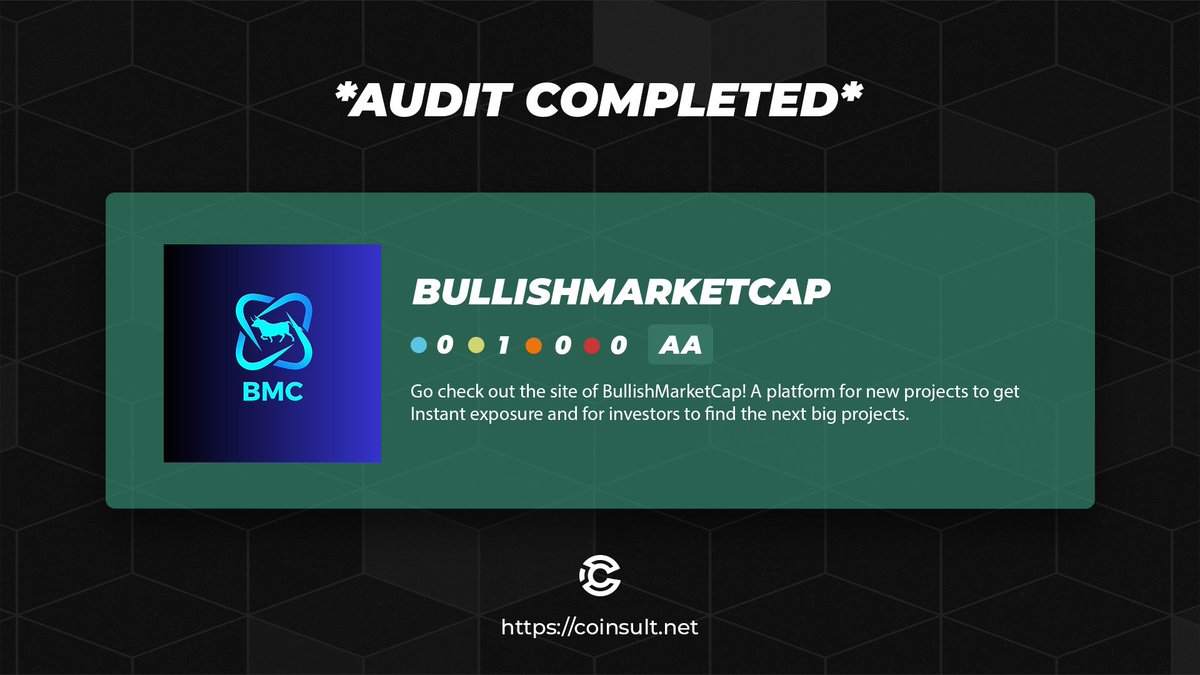 🔒 AUDIT COMPLETED FOR BULLISHMARKETCAP 🎁 GIVEAWAY: $20 (48 hours) 1⃣ Follow @BullishMarktCap & @CoinsultAudits 2⃣ Like + RT this tweet 3⃣ Place a comment 💬 Go check out the full project page of BullishMarketCap 👇 coinsult.net/projects/bulli… #giveaway #audit #smartcontract…