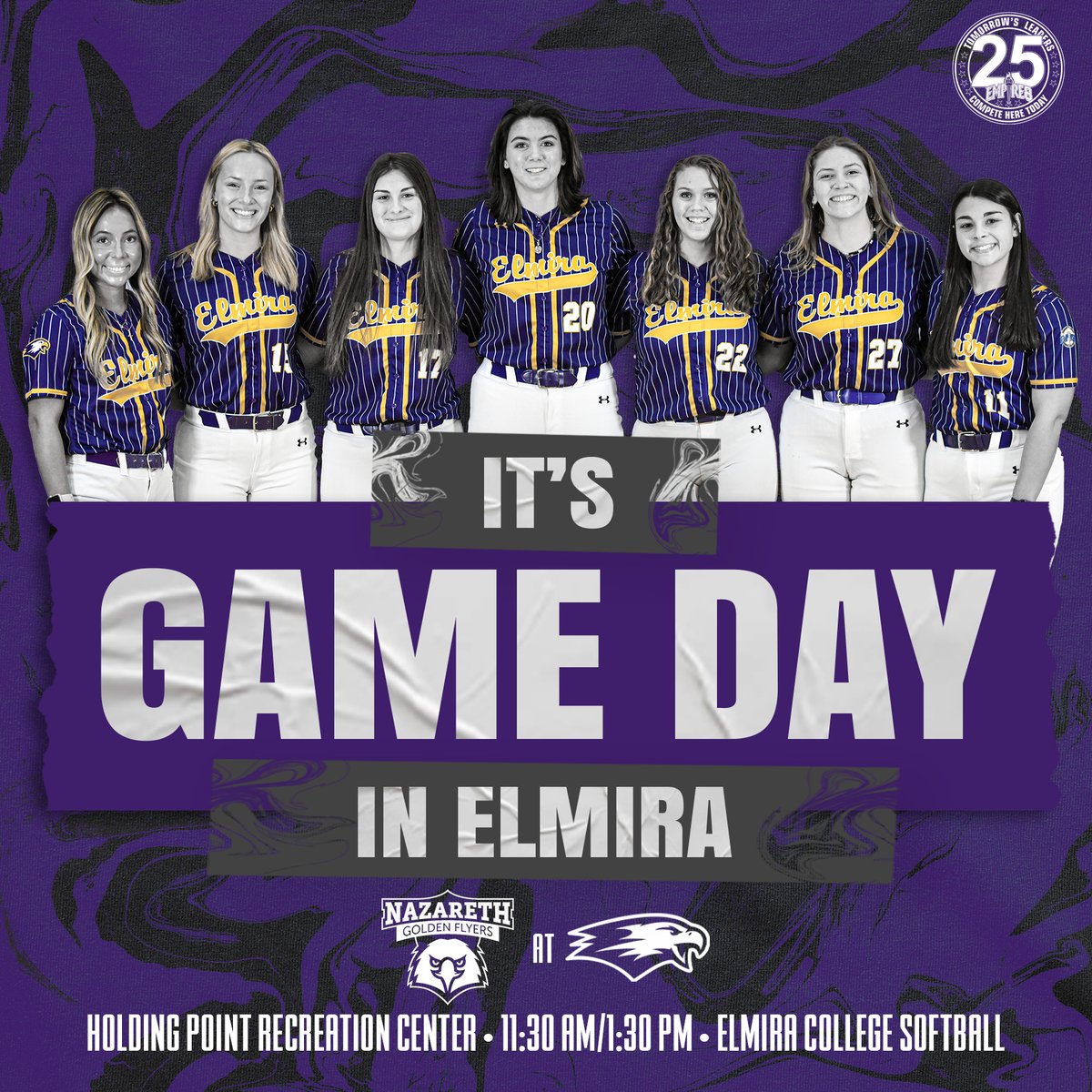 Jumping back into @Empire8 play as @ElmiraCollegeSB takes on the Golden Flyers on SENIOR DAY! 🥎🦅

🆚 Nazareth
🕦 11:30 AM/1:30 PM 
📍 Horseheads, NY | Holding Point
📺 & 📊: bit.ly/3lKw2jp

#TogetherWeFly #FightOn4EC #ElmiraProud